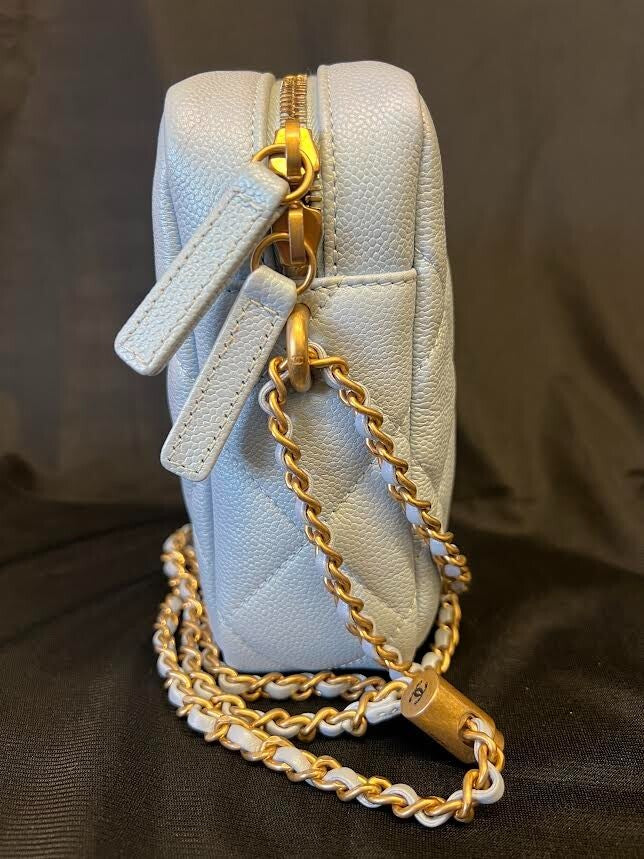 CHANEL MY PERFECT CAMERA BAG MINI BLUE IRIDESCENT W GOLD ADJUSTABLE CHAIN STRAP — view 3