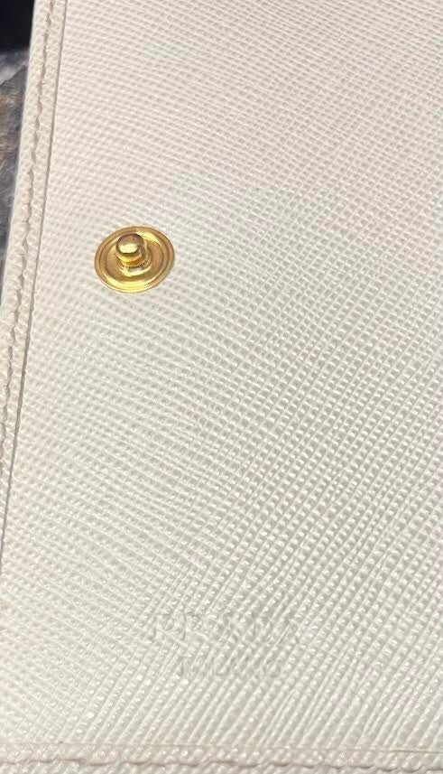 Prada Saffiano Bifold Leather Verticle Card Holder Compact Wallet Cream/gold (view 11)