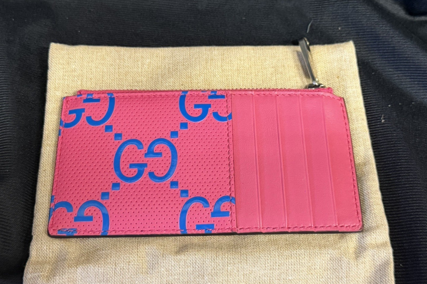 Gucci GG Tennis Bi-Color Embossed Zip Card Case Wallet Pink/Blue Leather0