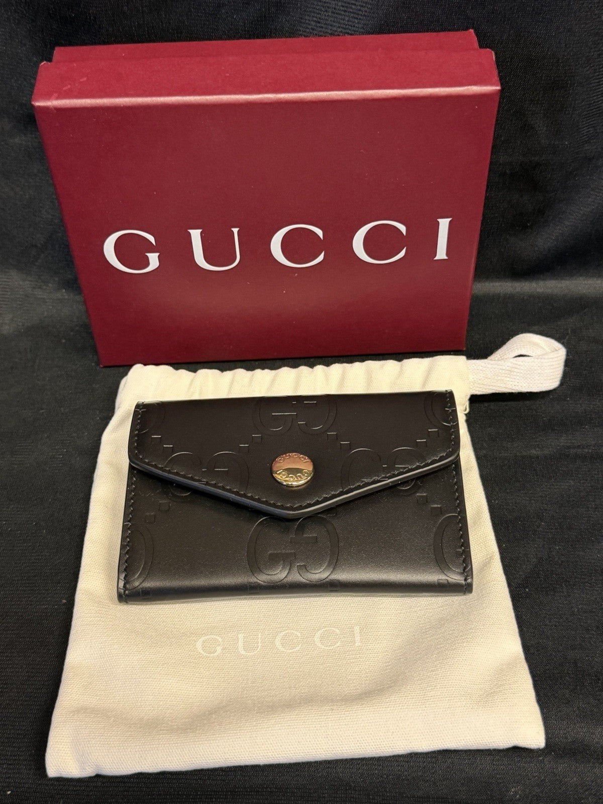 Gucci GG Emblem Card Case Black Leather Gold Hardware0