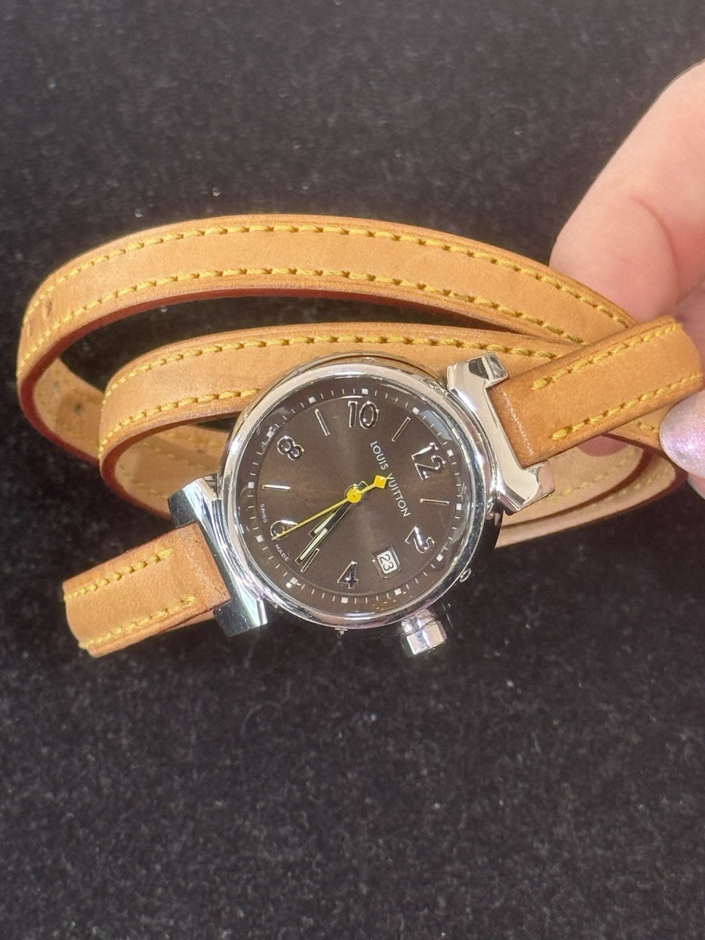 Louis Vuitton Tambour Triple Tour Watch Brown Dial Tan Leather Wrap Strap 28MM (view 9)
