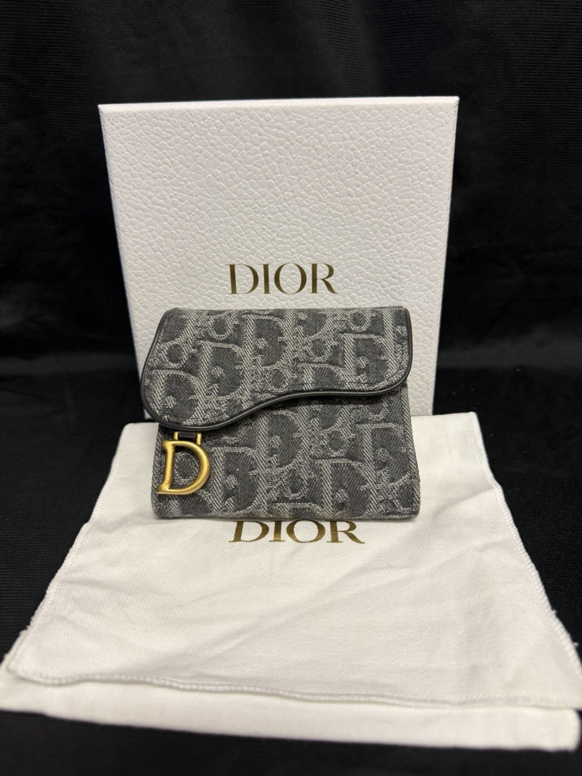Christian Dior Lotus Saddle Wallet Tri-Fold Blue Jacquard Gold Hardware0
