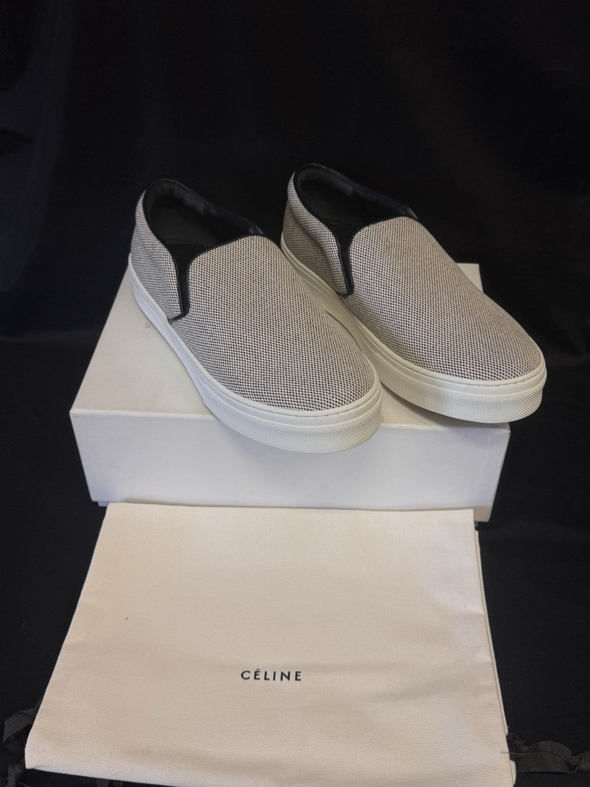 CELINE NAPPA BLACK & WHITE SLIP-ON SNEAKERS 345131 SIZE US 8.5 / EU 38.50