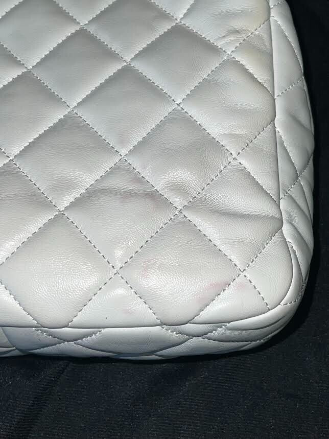 Chanel Small Shopping Tote Quilted Leather Chain Link Double Shouler Strap White (view 10)