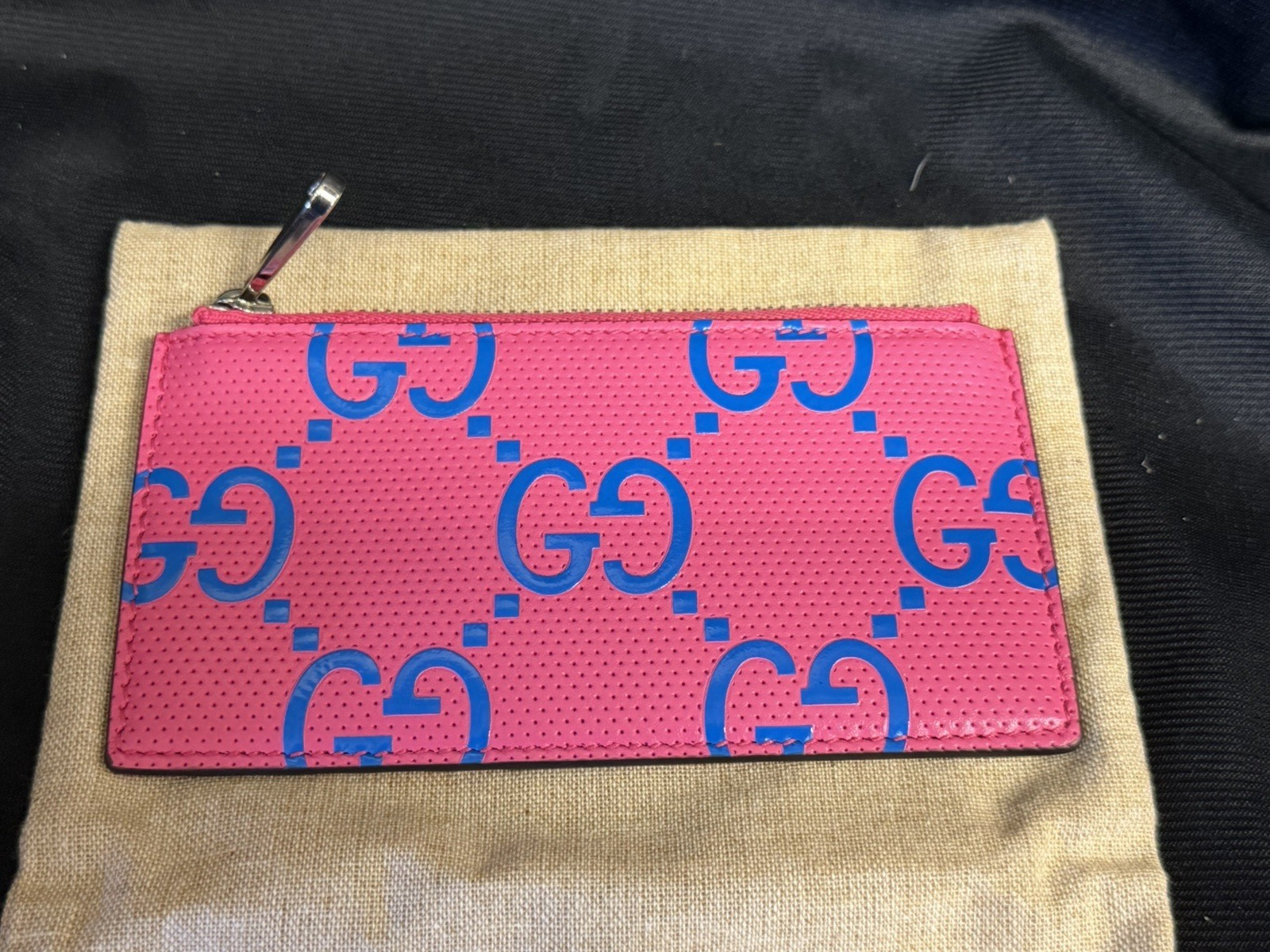 Gucci GG Tennis Bi-Color Embossed Zip Card Case Wallet Pink/Blue Leather1