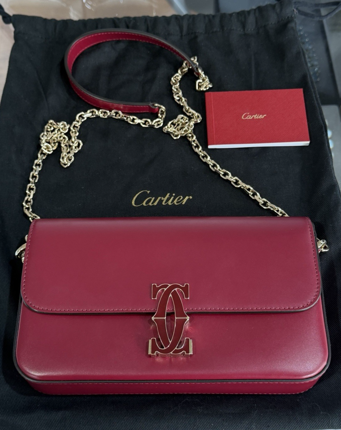 Cartier Mini Bag, C de Cartier Cherry Red Calfskin Gold Hardware Chain Strap — Certified Authentic | San Diego Jewelry Buyers