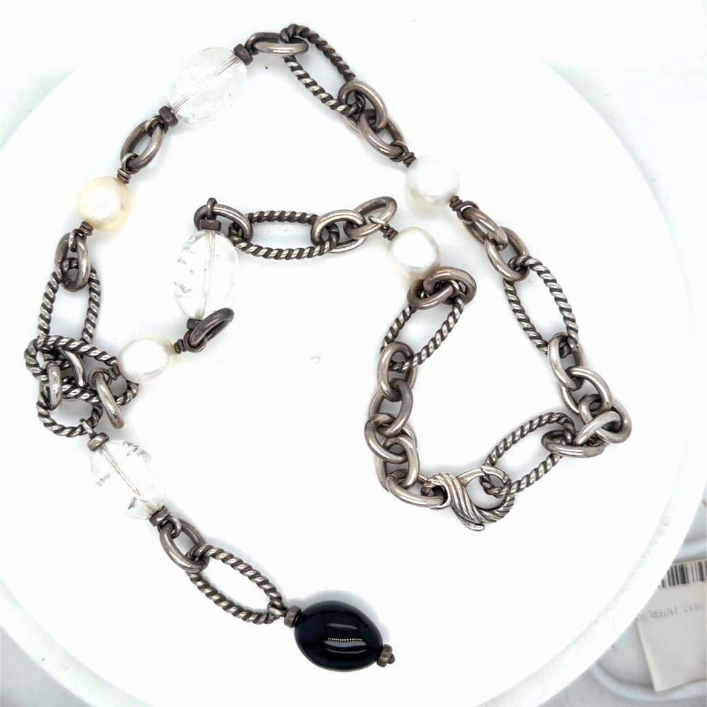 David Yurman Sterling Silver Pearl Onxy Chain Lariat Necklace 16 in/2.5 in drop — view 2