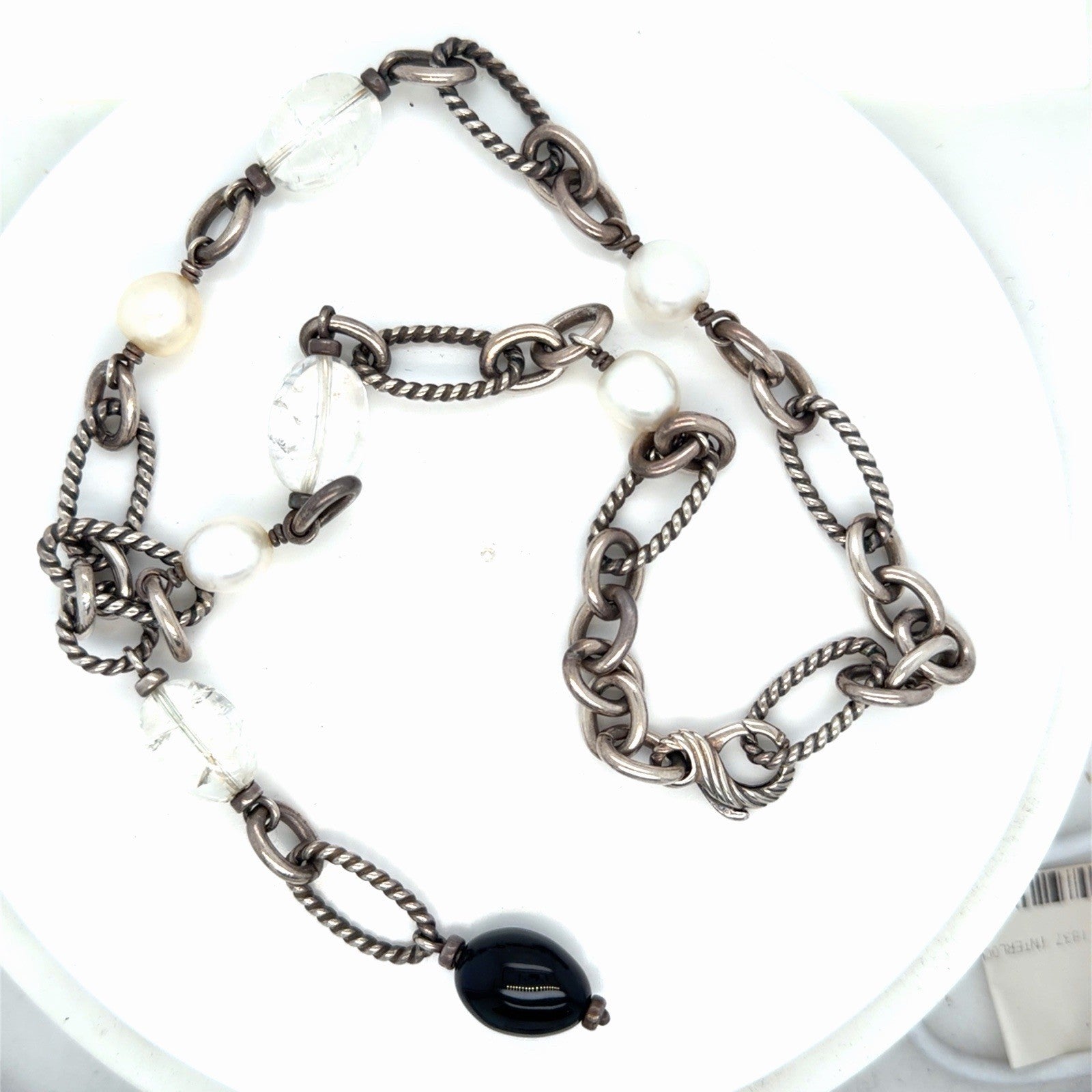 David Yurman Sterling Silver Pearl Onxy Chain Lariat Necklace 16 in/2.5 in drop — view 2
