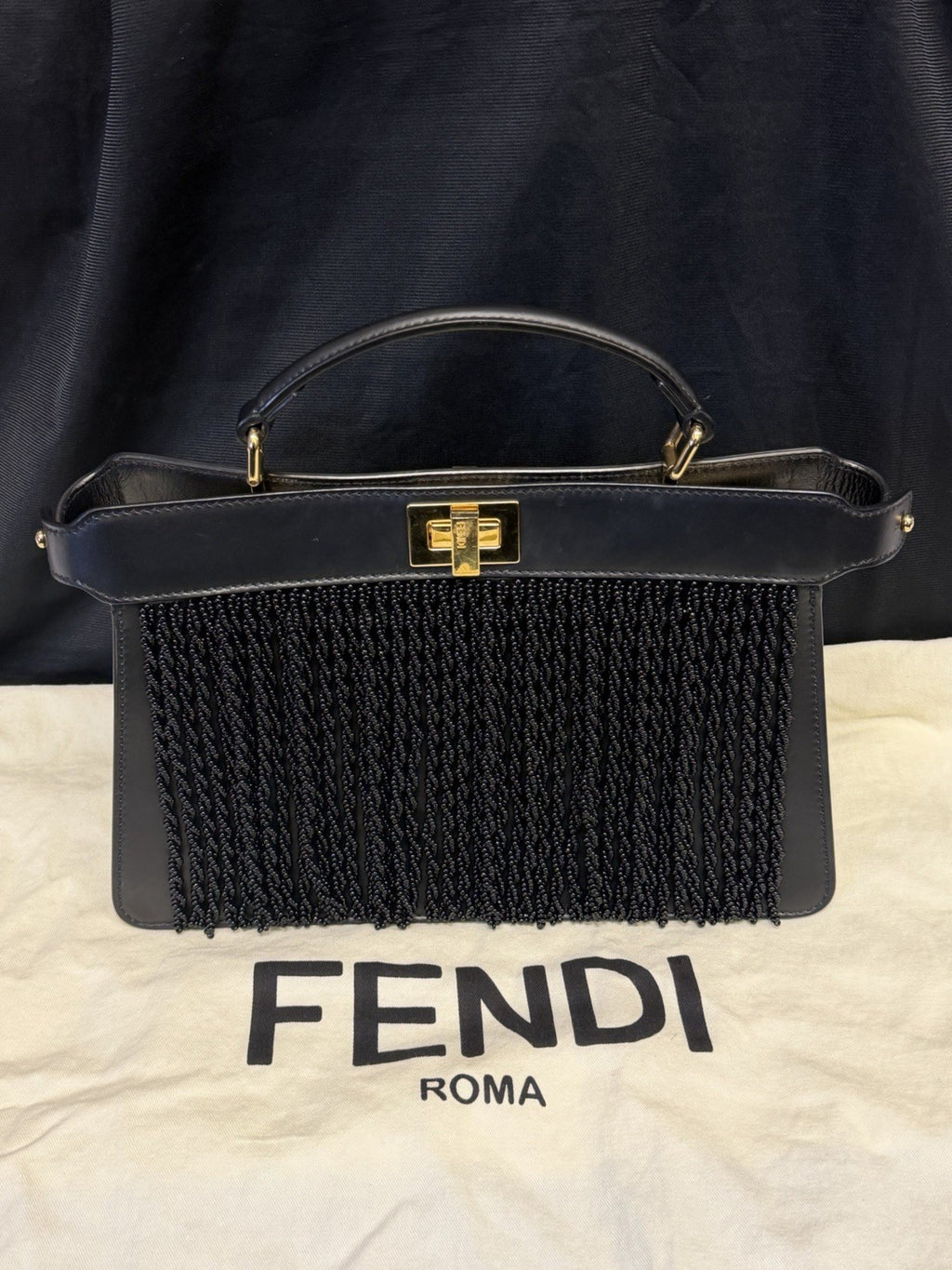 Fendi Peekaboo I See U East-West Black Leather Bag with Beaded Fringe (view 1)