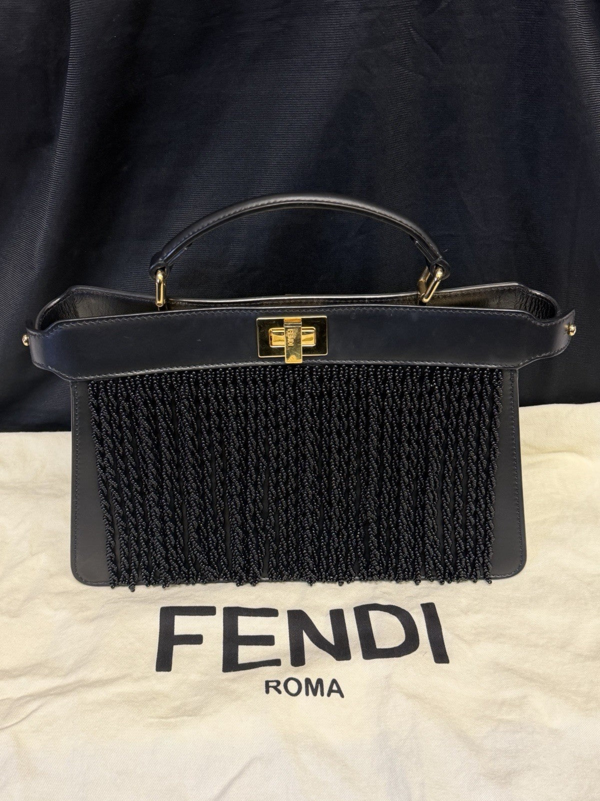 Fendi Peekaboo I See U East-West Black Leather Bag with Beaded Fringe (view 1)