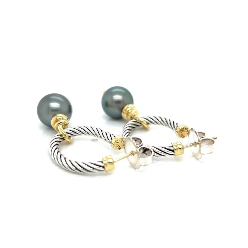 DAVID YURMAN COVERTIBLE DROP HOOP EARRINGS TAHITIAN PEARL SILVER 18K GOLD — view 15