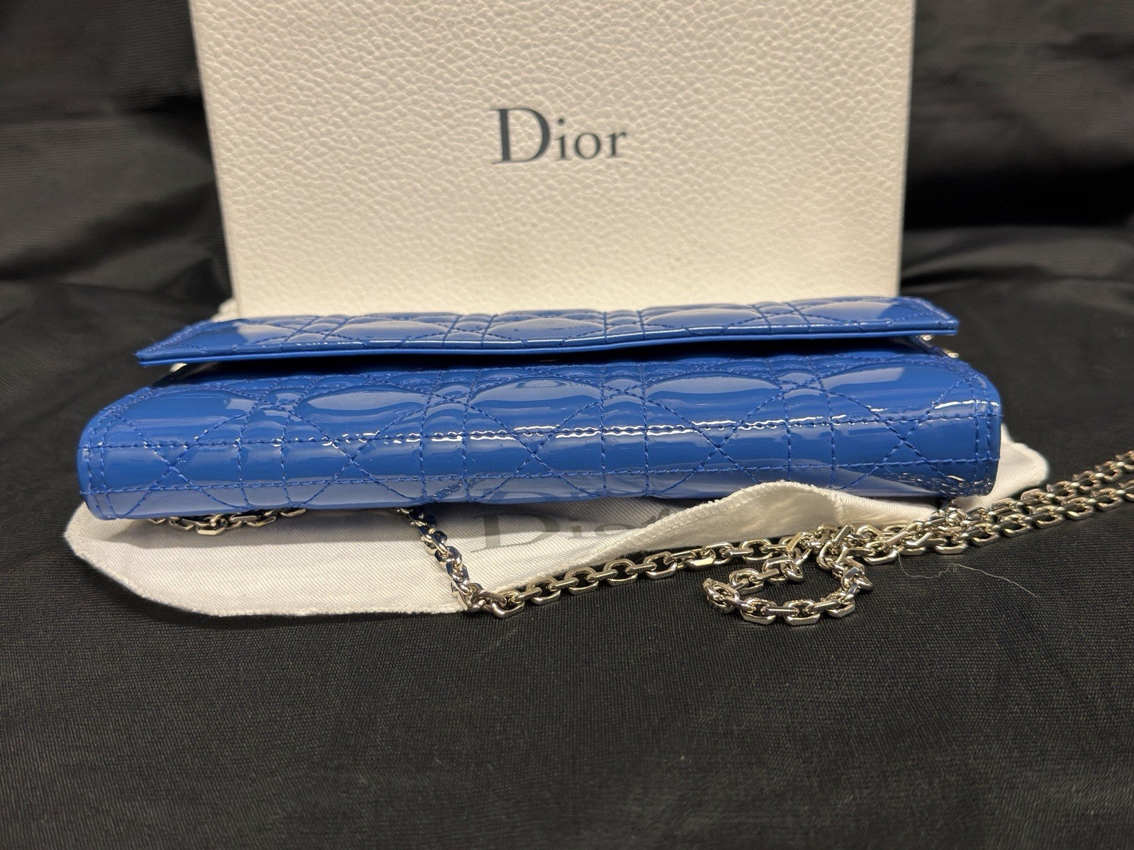 Christian Dior Lady Dior Pouch Wallet on Chain Patent Leather Blue/Silver — view 7