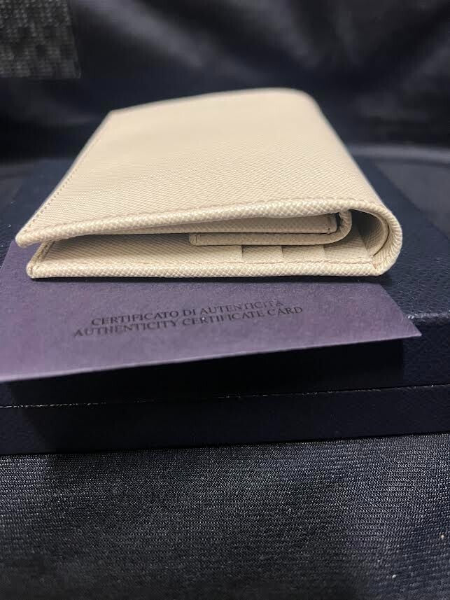Prada Saffiano Bifold Leather Verticle Card Holder Compact Wallet Cream/gold (view 6)