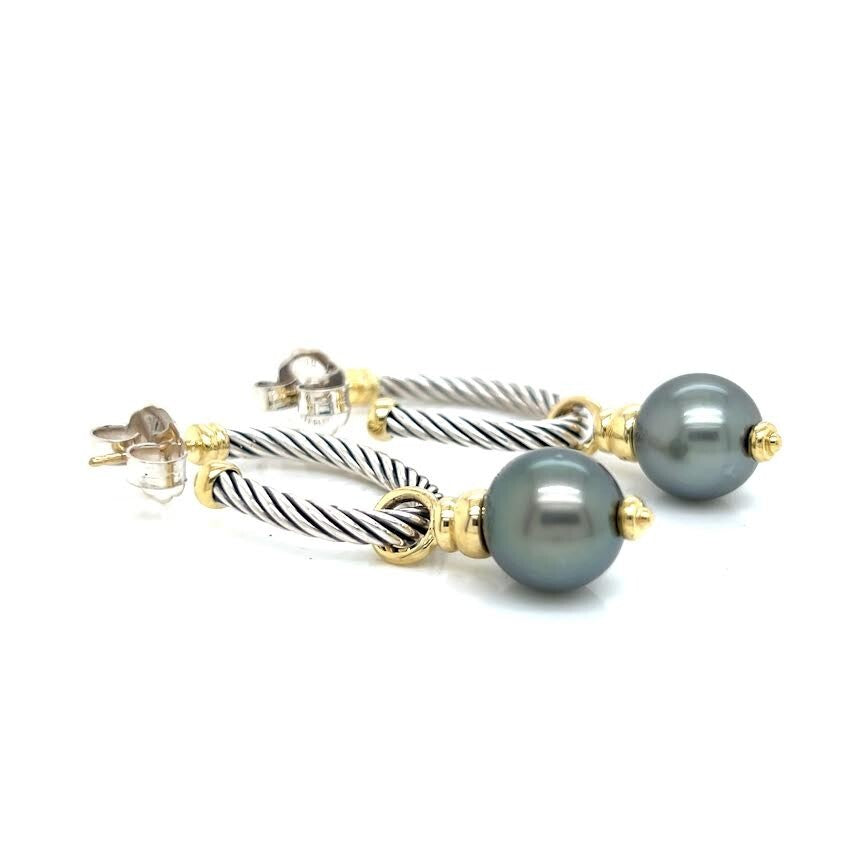 DAVID YURMAN COVERTIBLE DROP HOOP EARRINGS TAHITIAN PEARL SILVER 18K GOLD — view 9