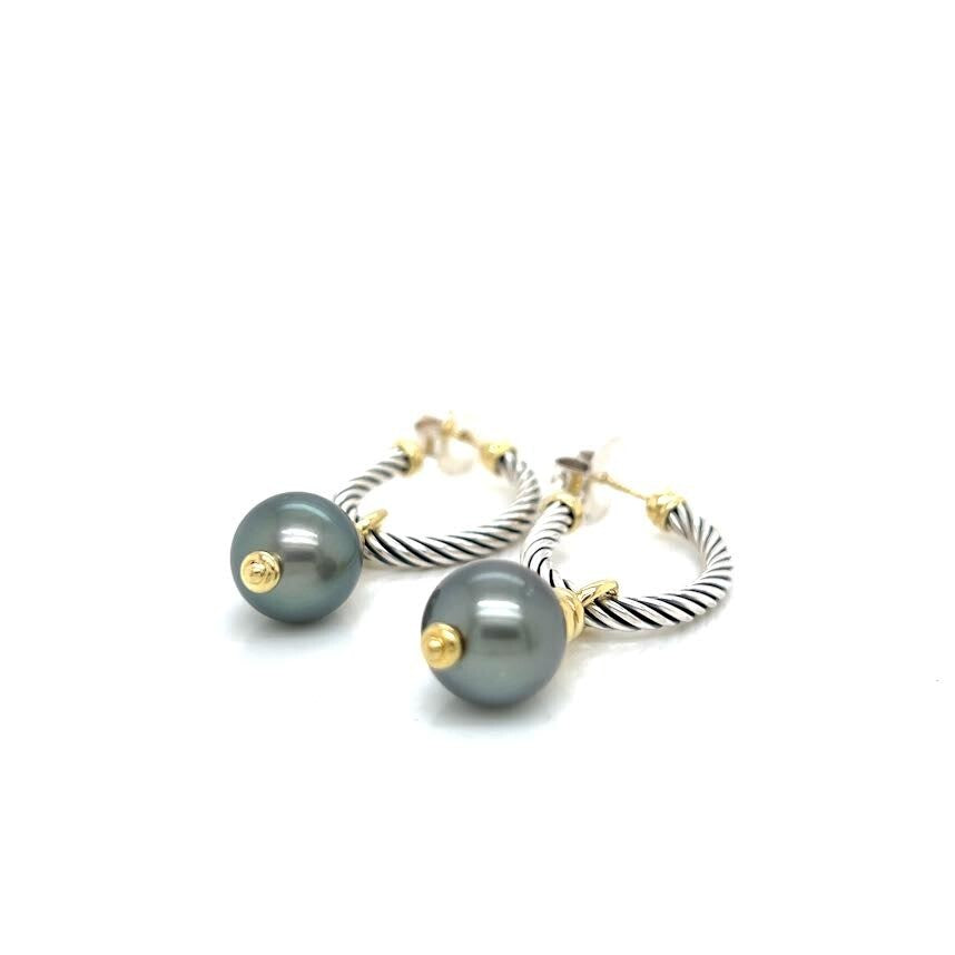 DAVID YURMAN COVERTIBLE DROP HOOP EARRINGS TAHITIAN PEARL SILVER 18K GOLD — view 11