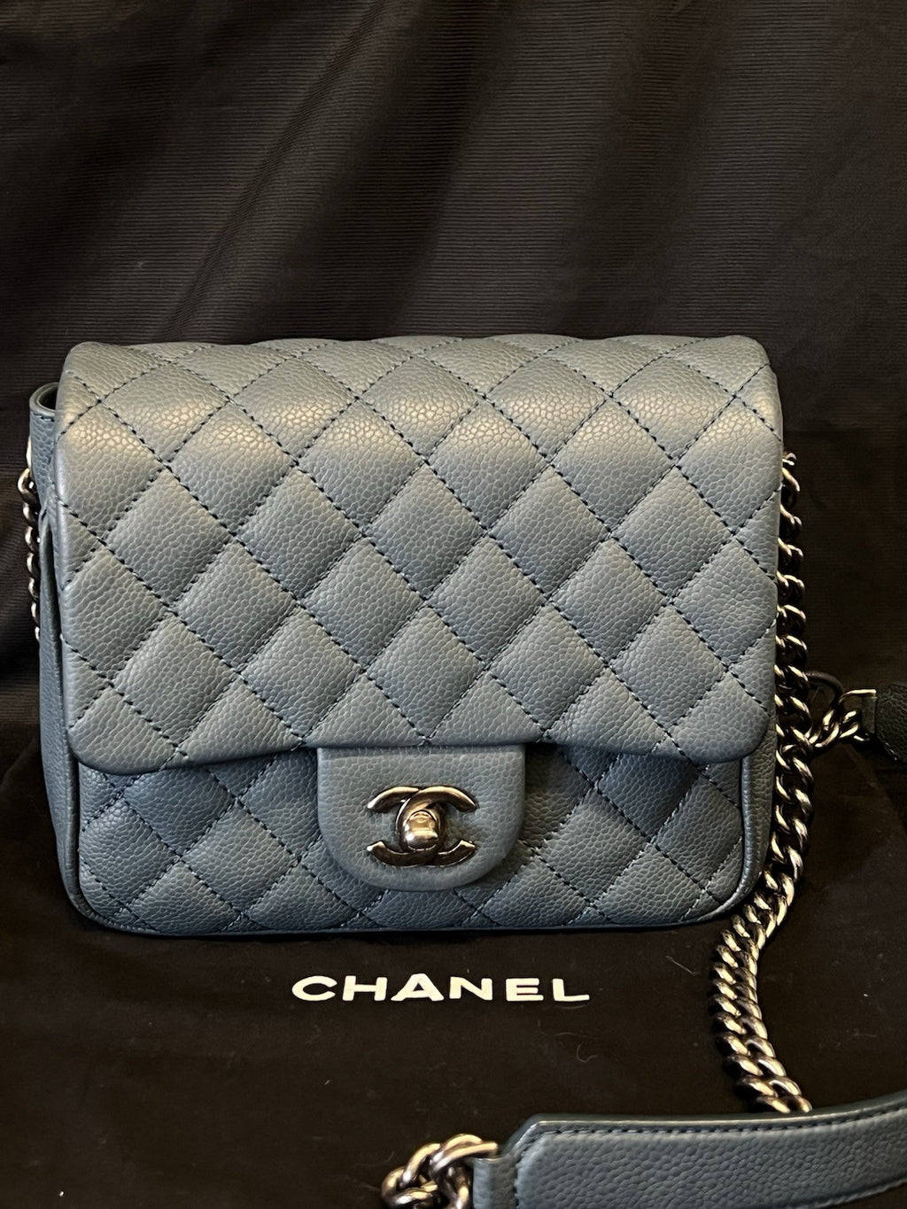 Chanel Small Crossbody Bag Qulted Leather W Chain Strap Blue & Dust Bag (view 1)