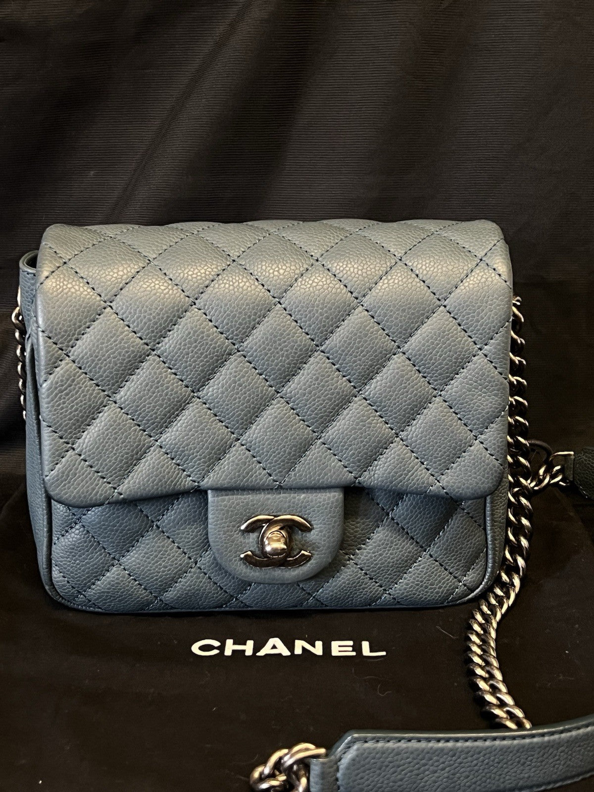 Chanel Small Crossbody Bag Qulted Leather W Chain Strap Blue & Dust Bag (view 1)