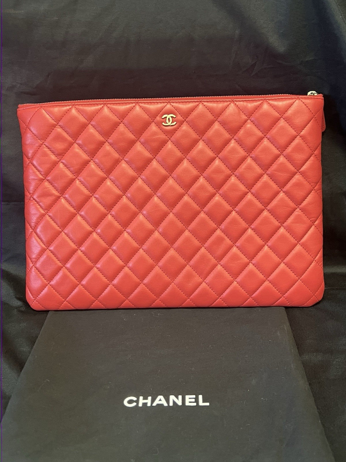 Chanel Large Clutch Pouch Red Leather with Organizer Insert and Dust Bag (view 12)