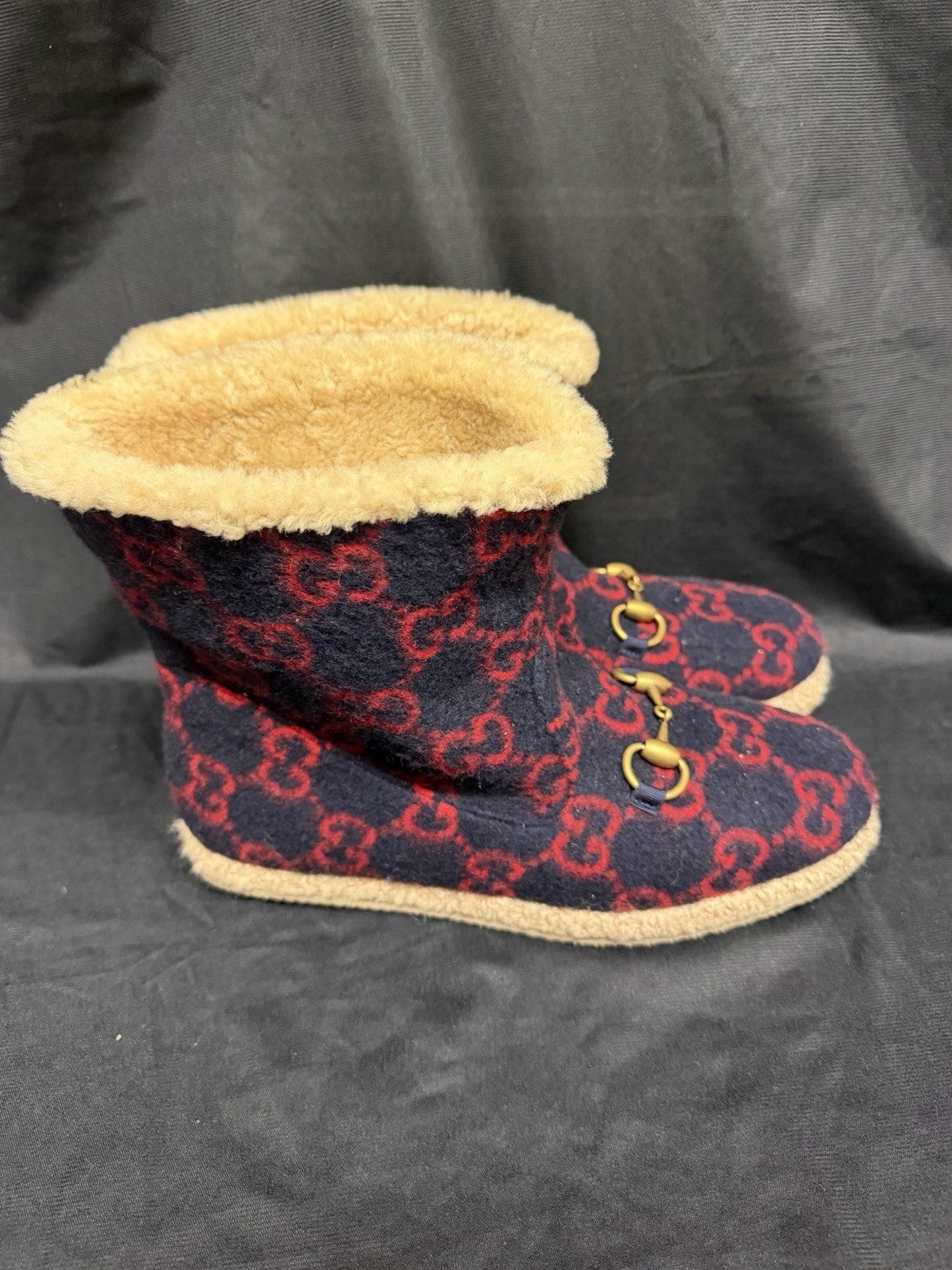 Gucci Fria Ankle Boot Navy/Red Wool Gold Horsebit Shearling Lined Size 82