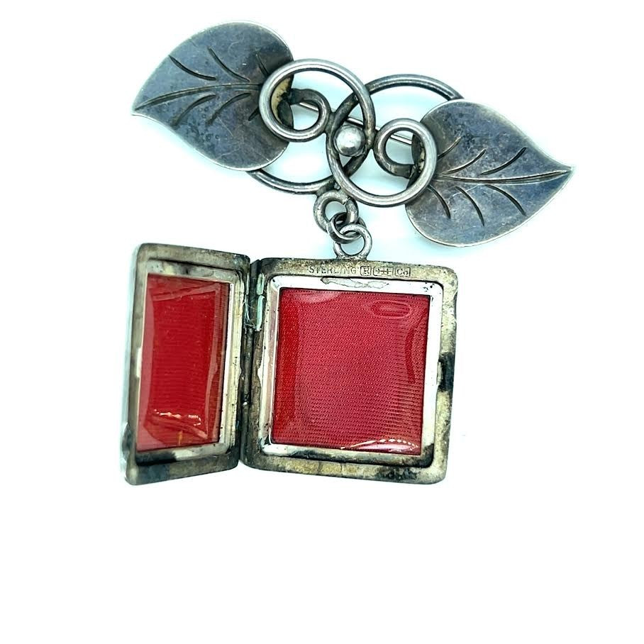 GEORG JENSEN STERLING SILVER HAND WROUGHT LEAF DANGLE LOCKET BROOCH PIN #113 — view 2
