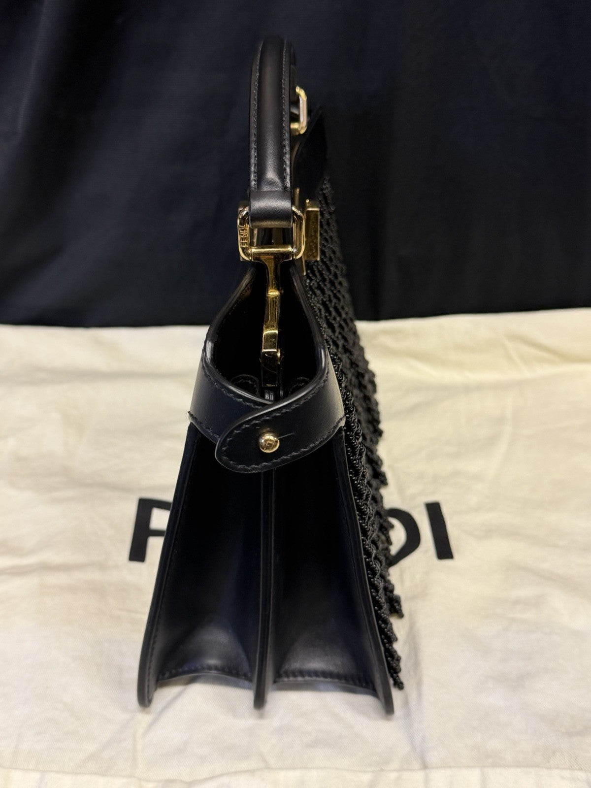 Fendi Peekaboo I See U East-West Black Leather Bag with Beaded Fringe (view 2)