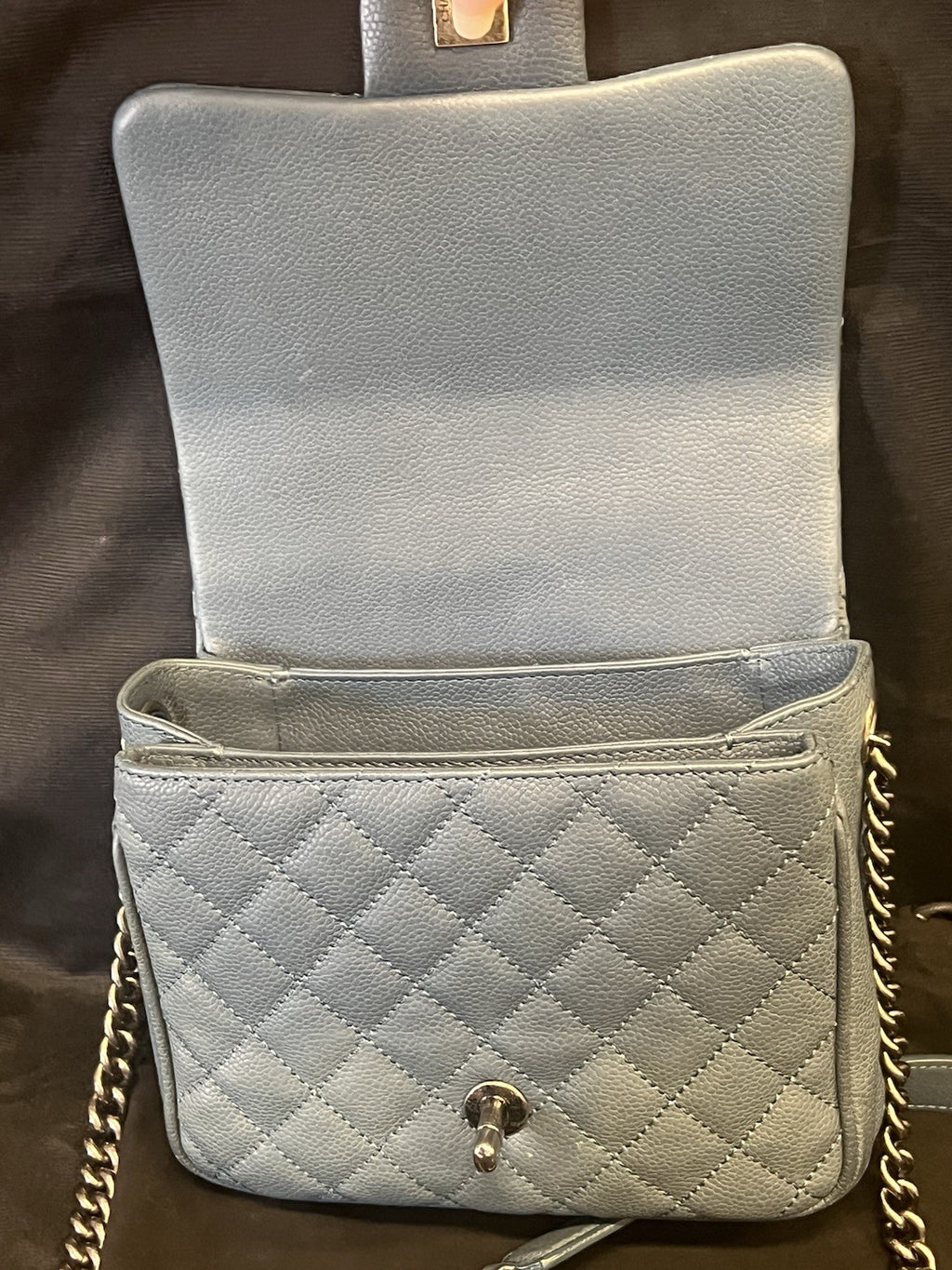 Chanel Small Crossbody Bag Qulted Leather W Chain Strap Blue & Dust Bag (view 7)