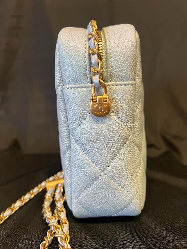 CHANEL MY PERFECT CAMERA BAG MINI BLUE IRIDESCENT W GOLD ADJUSTABLE CHAIN STRAP — view 4