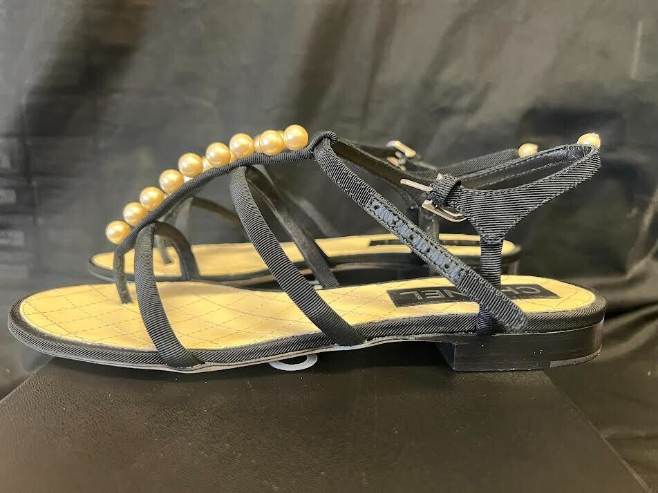 CHANEL FAUX PEARL THONG BLACK SANDALS W BUCKLE ANKLE STRAP SIZE EU 38/ US 73