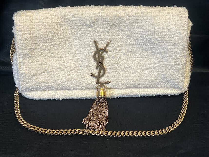 Ysl Saint Laurent Kate 99 Tweed Tassel Shouldet Bag W Chain Strap Cream (view 1)