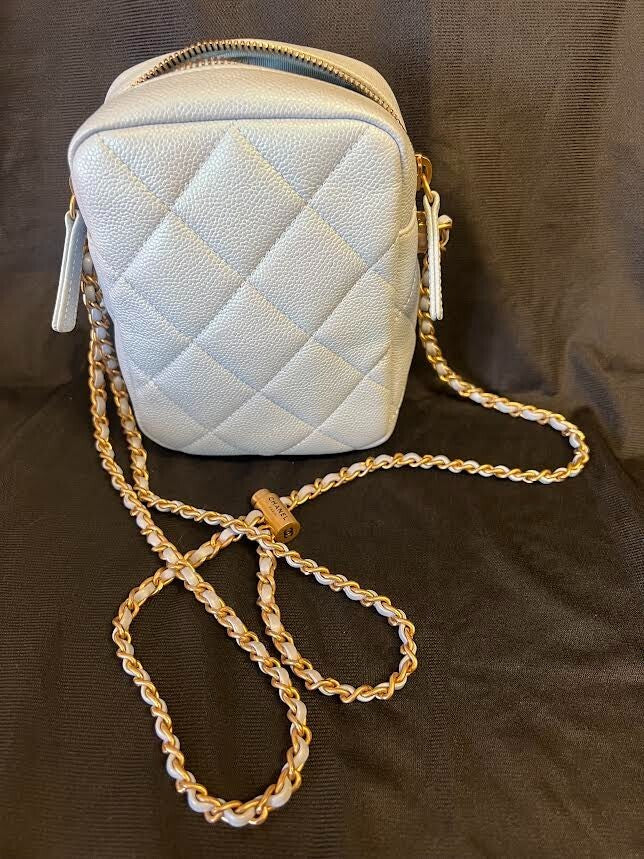 CHANEL MY PERFECT CAMERA BAG MINI BLUE IRIDESCENT W GOLD ADJUSTABLE CHAIN STRAP — view 2