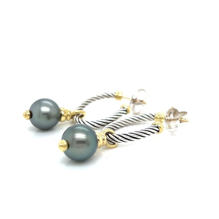 DAVID YURMAN COVERTIBLE DROP HOOP EARRINGS TAHITIAN PEARL SILVER 18K GOLD — Certified Authentic | San Diego Jewelry Buyers