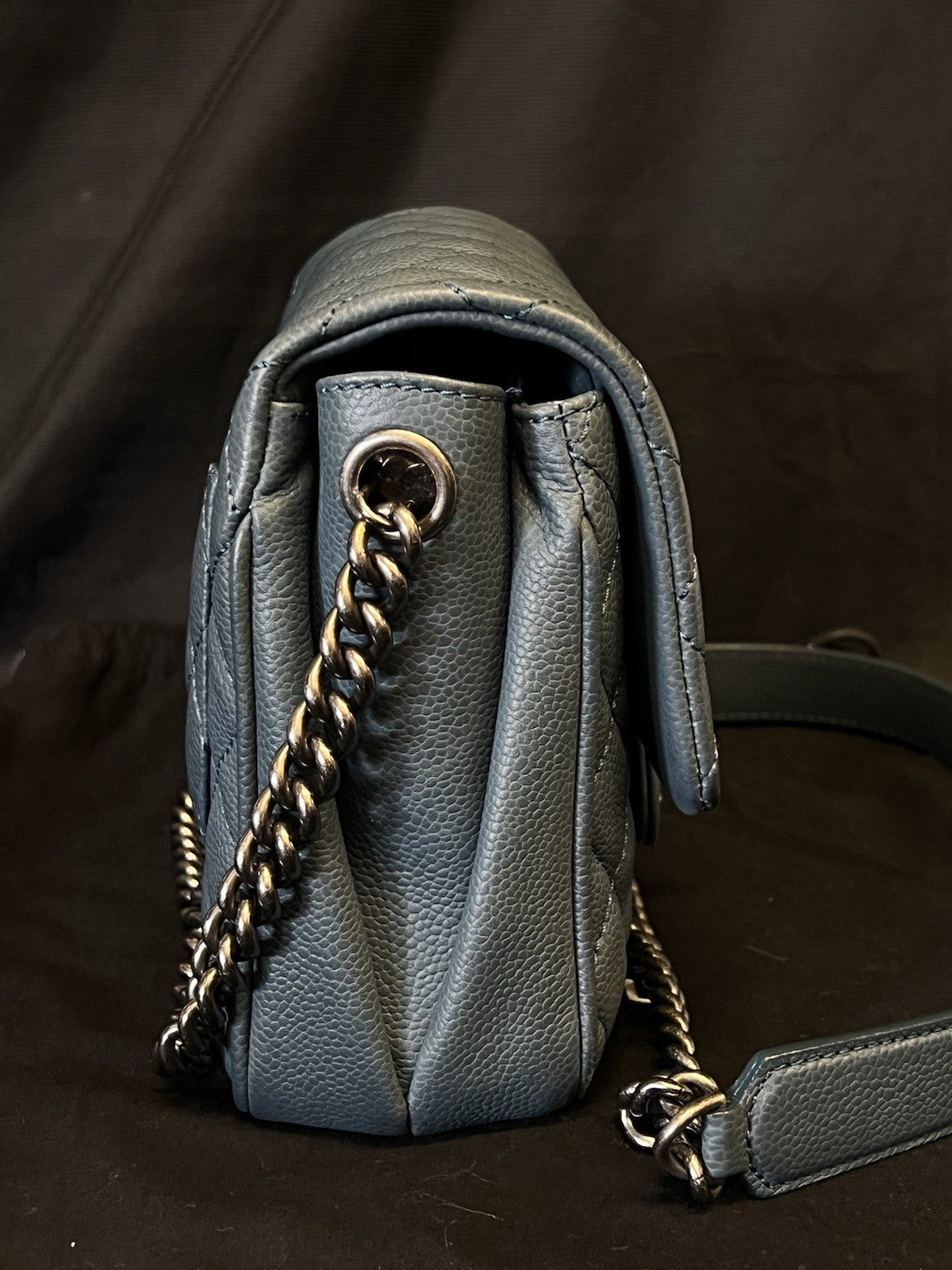 Chanel Small Crossbody Bag Qulted Leather W Chain Strap Blue & Dust Bag (view 4)