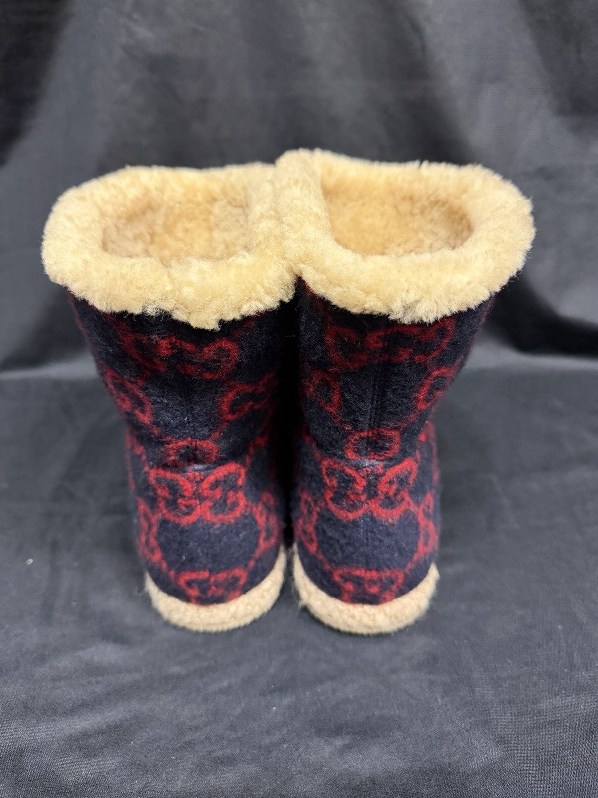 Gucci Fria Ankle Boot Navy/Red Wool Gold Horsebit Shearling Lined Size 83