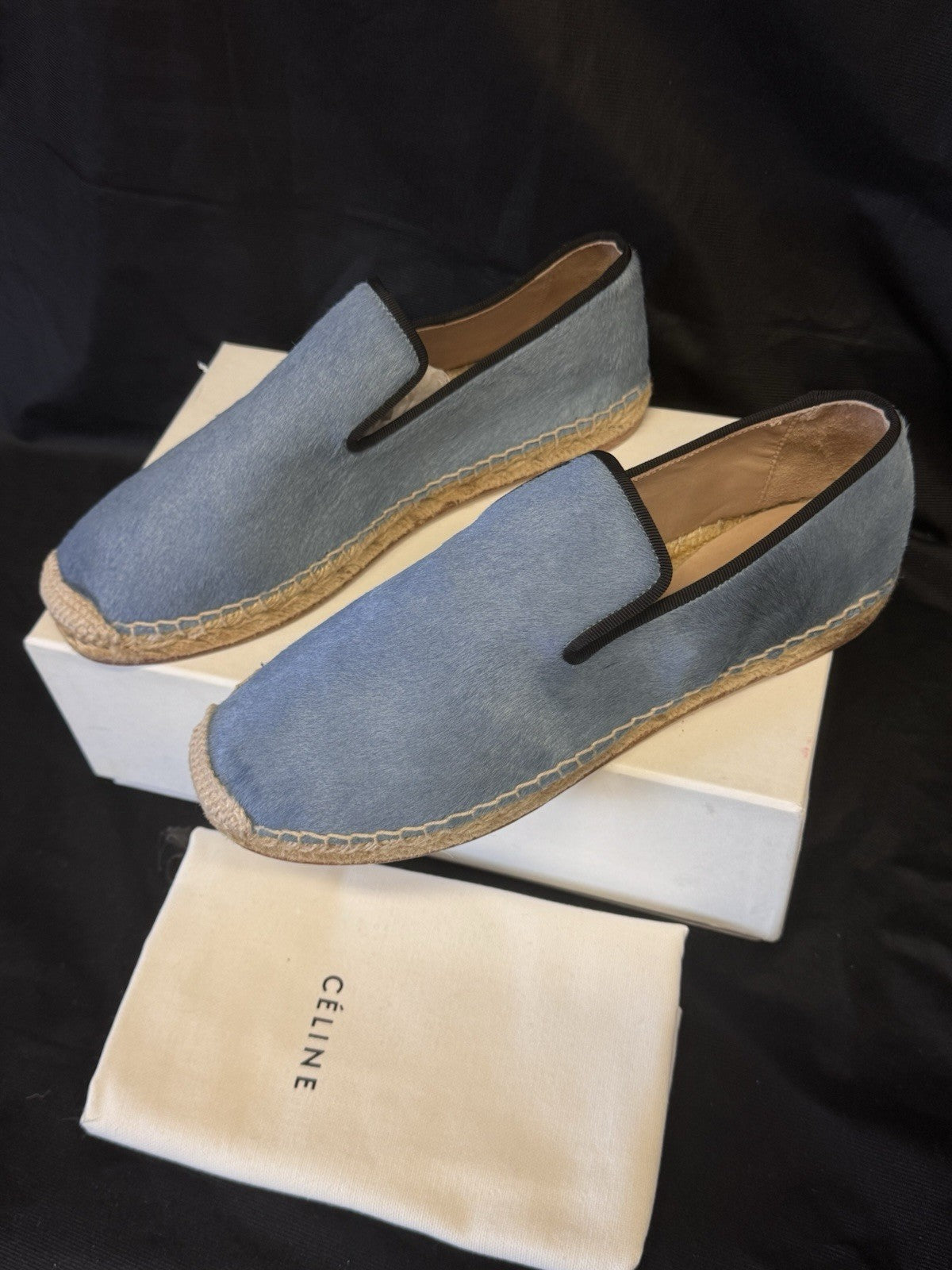 CELINE PLUMBEO ESPADRILLE 335009 SIZE US 8/ EU 38 BLUE PONY-HAIR LOAFERS2