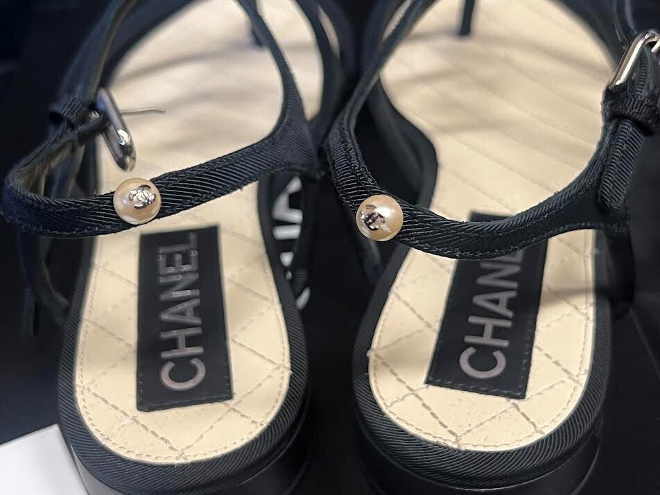 CHANEL FAUX PEARL THONG BLACK SANDALS W BUCKLE ANKLE STRAP SIZE EU 38/ US 75