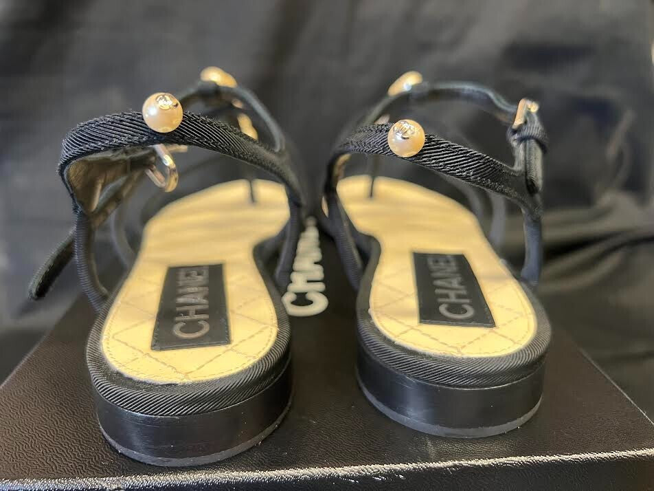 CHANEL FAUX PEARL THONG BLACK SANDALS W BUCKLE ANKLE STRAP SIZE EU 38/ US 76