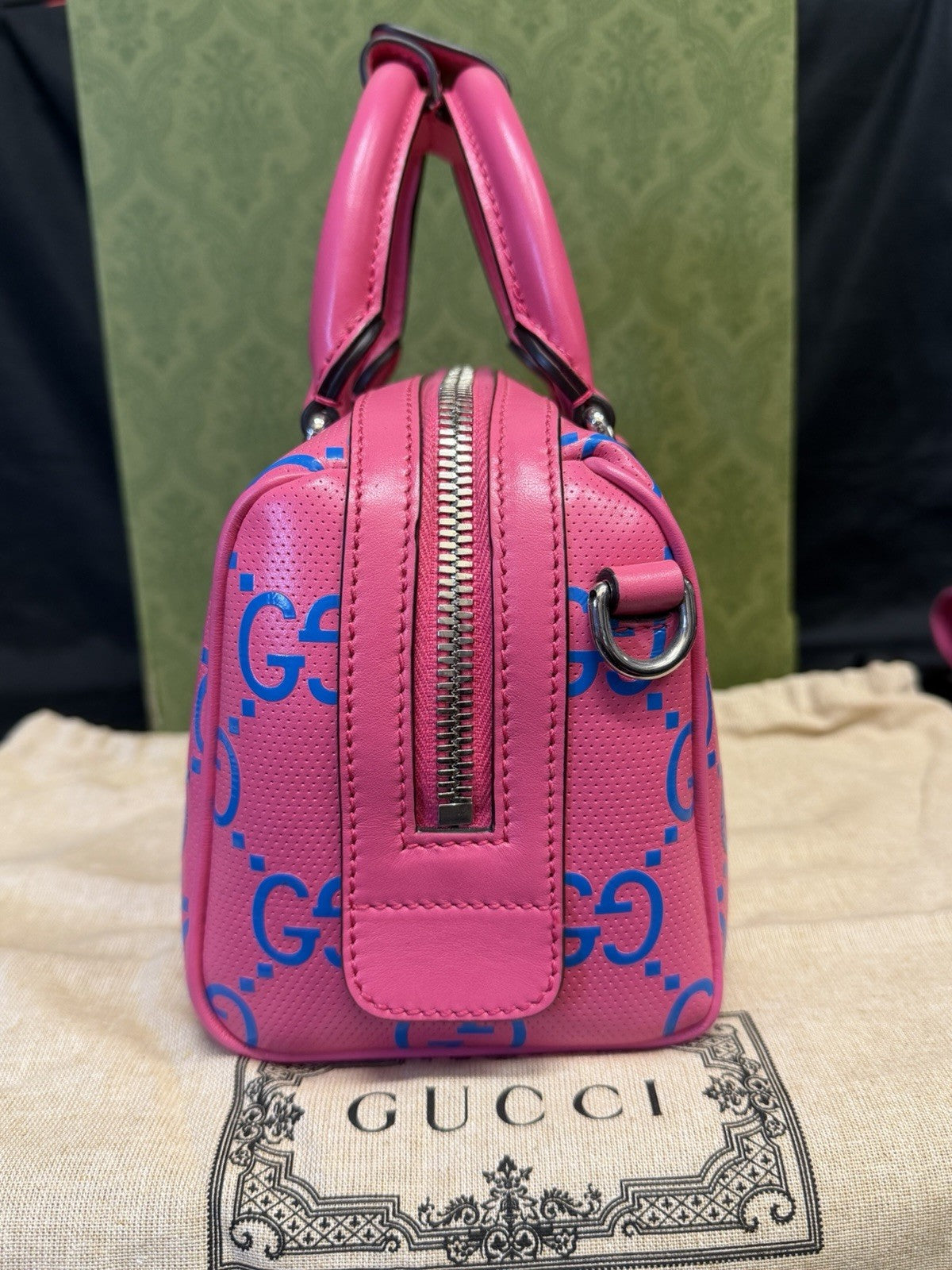 Gucci GG Tennis Bi-color Perforated Mini Duffle Bag Fushia/Blue Leather — view 2