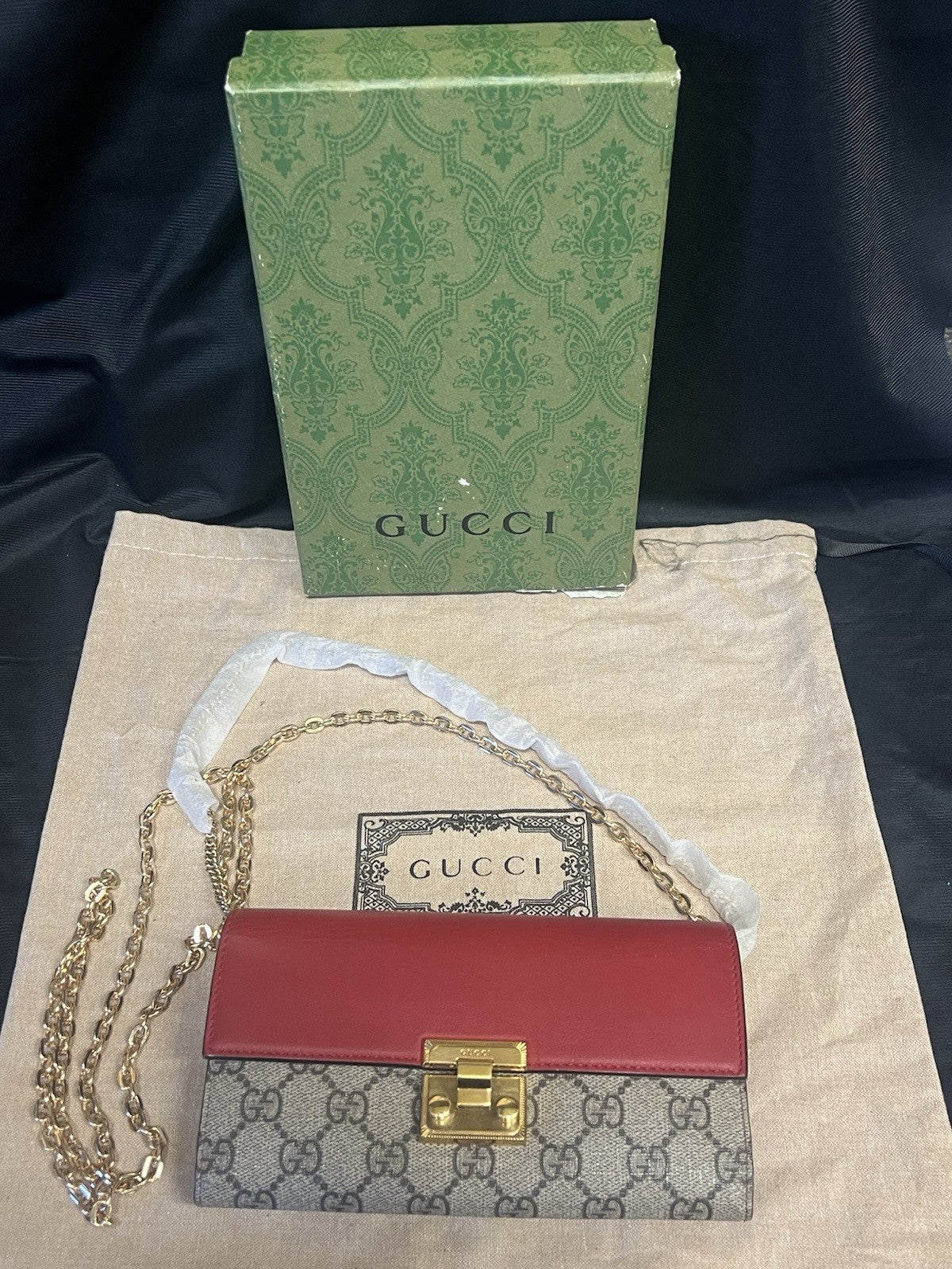 GUCCI RED GG SUPREME LONG WALLET CLUTCH REMOVABLE CHAIN STRAPS DUST BAG AND BOX — Certified Authentic | San Diego Jewelry Buy
