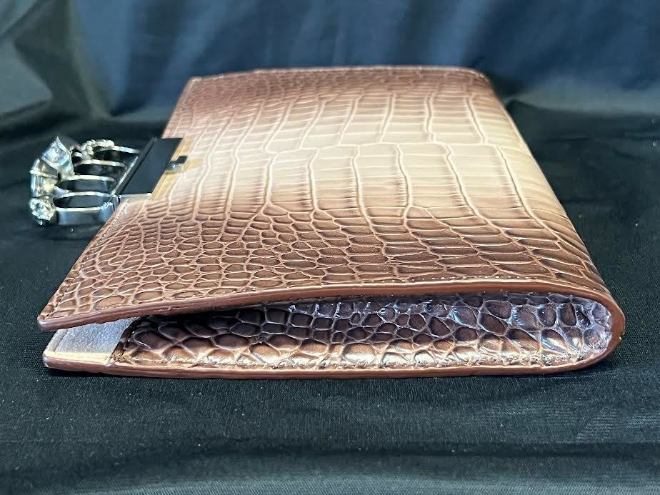 Alexander Mcqueen Four Ring Knuckle Clasp Crocodile Clutch Brown Gradient/silver (view 3)