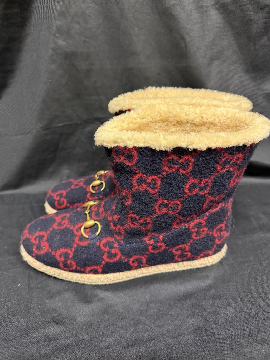 Gucci Fria Ankle Boot Navy/Red Wool Gold Horsebit Shearling Lined Size 84