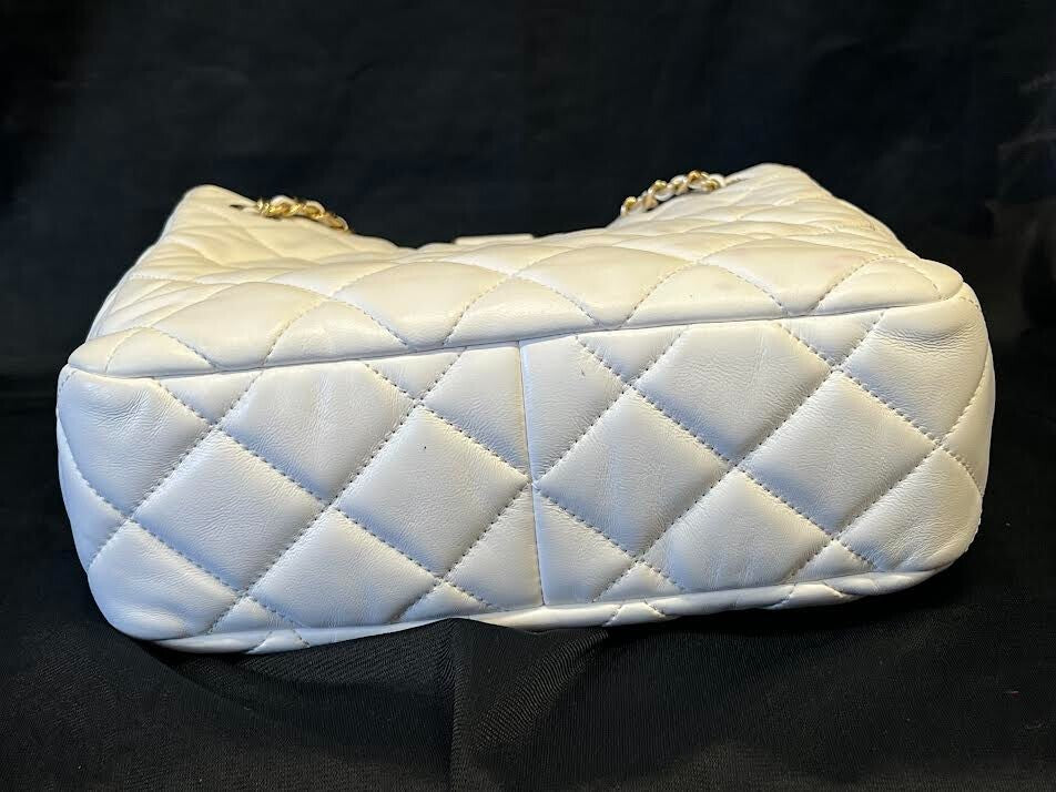 Chanel Small Shopping Tote Quilted Leather Chain Link Double Shouler Strap White (view 6)