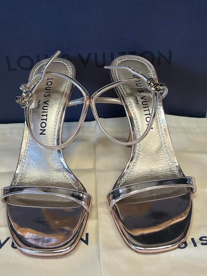 LOUIS VUITTON 6AM SANDAL SIZE 38 (US 8) 1AGWYQ GOLD METALLIC LEATHER HEELS4