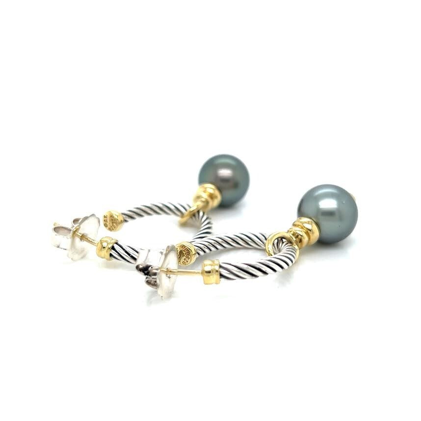 DAVID YURMAN COVERTIBLE DROP HOOP EARRINGS TAHITIAN PEARL SILVER 18K GOLD — view 4