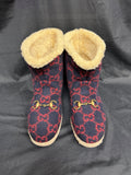 Gucci Fria Ankle Boot Navy/Red Wool Gold Horsebit Shearling Lined Size 80
