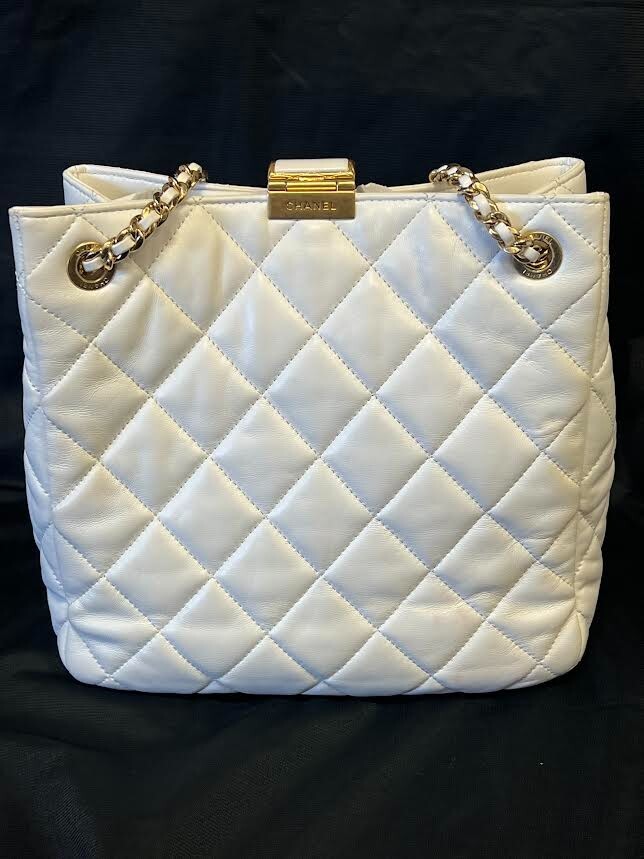 Chanel Small Shopping Tote Quilted Leather Chain Link Double Shouler Strap White (view 2)