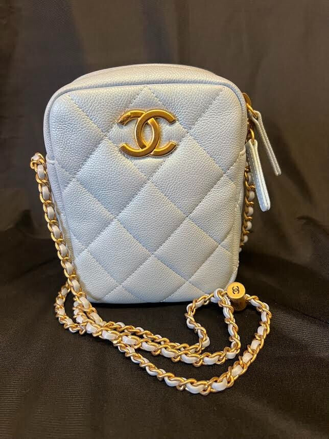 CHANEL MY PERFECT CAMERA BAG MINI BLUE IRIDESCENT W GOLD ADJUSTABLE CHAIN STRAP — Certified Authentic | San Diego Jewelry