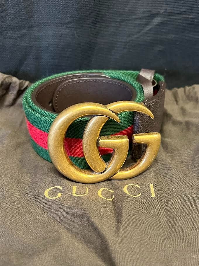 GUCCI BROWN LEATHER WEB DOUBLE G BUCKLE BELT 80cm (FITS 27-31 in)0