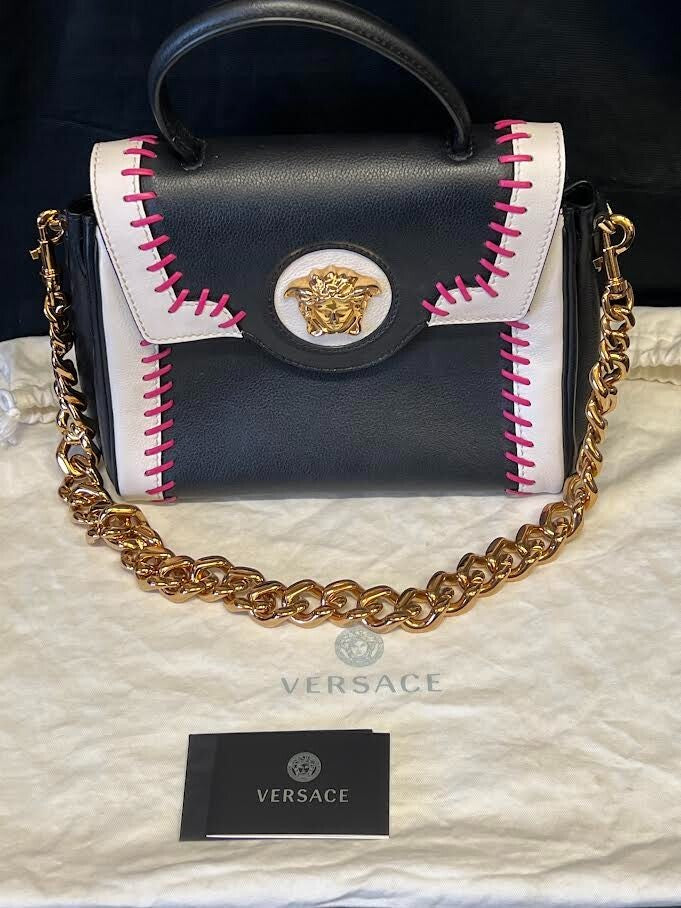 VERSACE LA MEDUSA MEDIUM STITCH TOP-HANDLE BAG W CHAIN BLACK AND WHITE CALFSKIN — Certified Authentic | San Diego Jewelry Buy