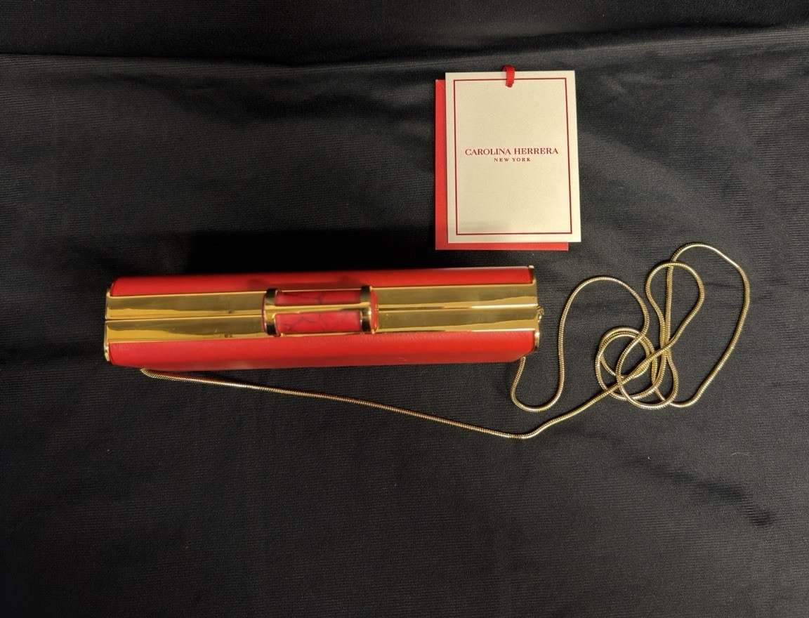 Carolina Herrera Scala Insignia Small Clutch Red/Gold w Chain Strap (view 4)