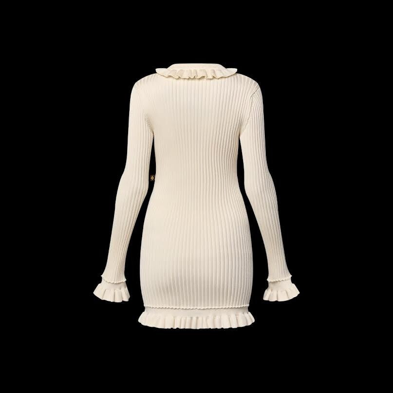 LOUIS VUITTON RUFFLE TRIM RIBBED KNIT DRESS LONG SLEEVE MILKY WHITE - SIZE XS1